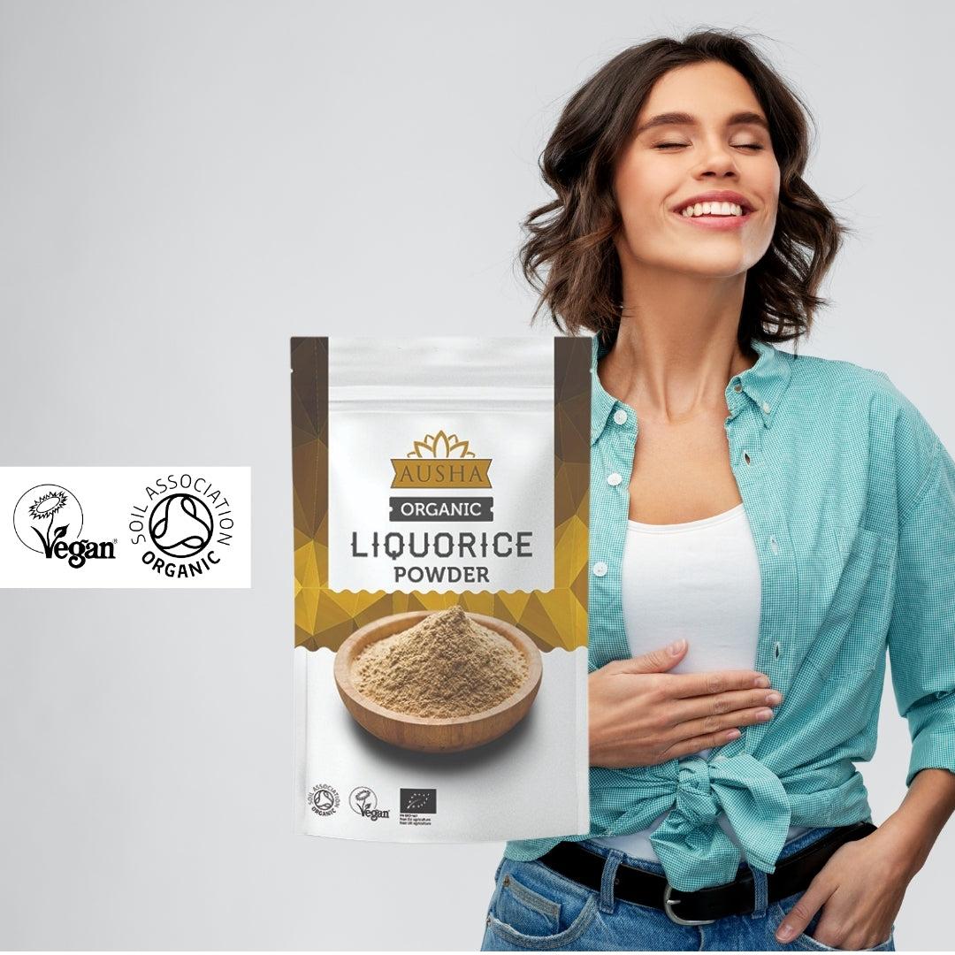 Organic Liquorice Powder 100g in packaging with certification logos, beside a smiling woman.