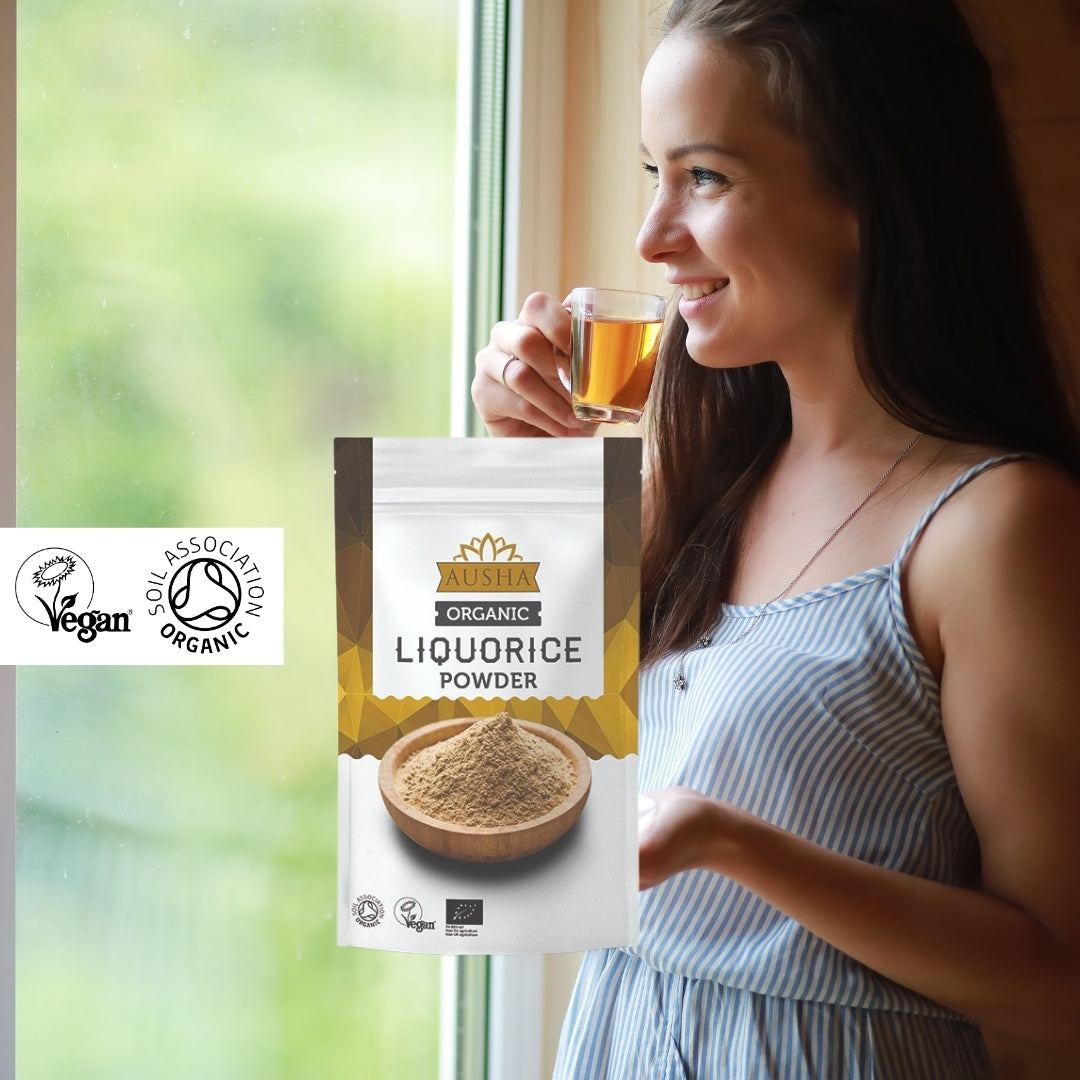 Organic Liquorice Powder 100g with Soil Association and Vegan Society certifications, ideal for natural sweetening and making tea.