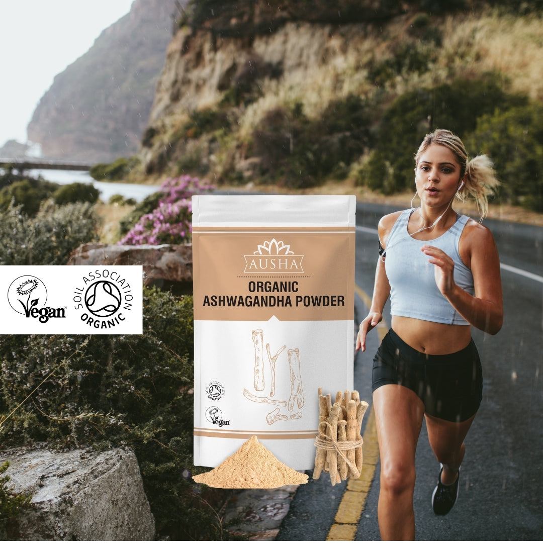Organic Ashwagandha Powder by Ausha, Soil Association and Vegan Society certified, ideal for vegans and vegetarians.