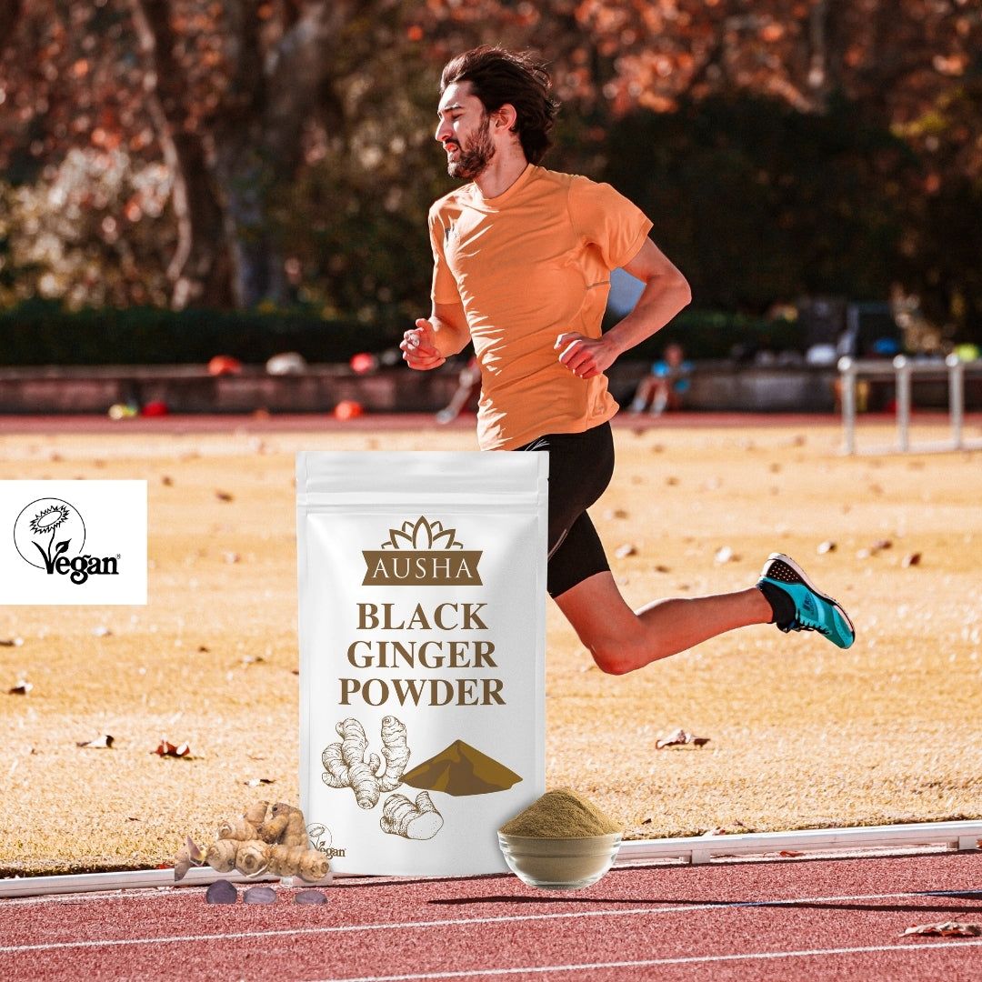 Black Ginger Powder packaging with runner in background, showcasing dark purple rhizome illustration, labeled vegan.