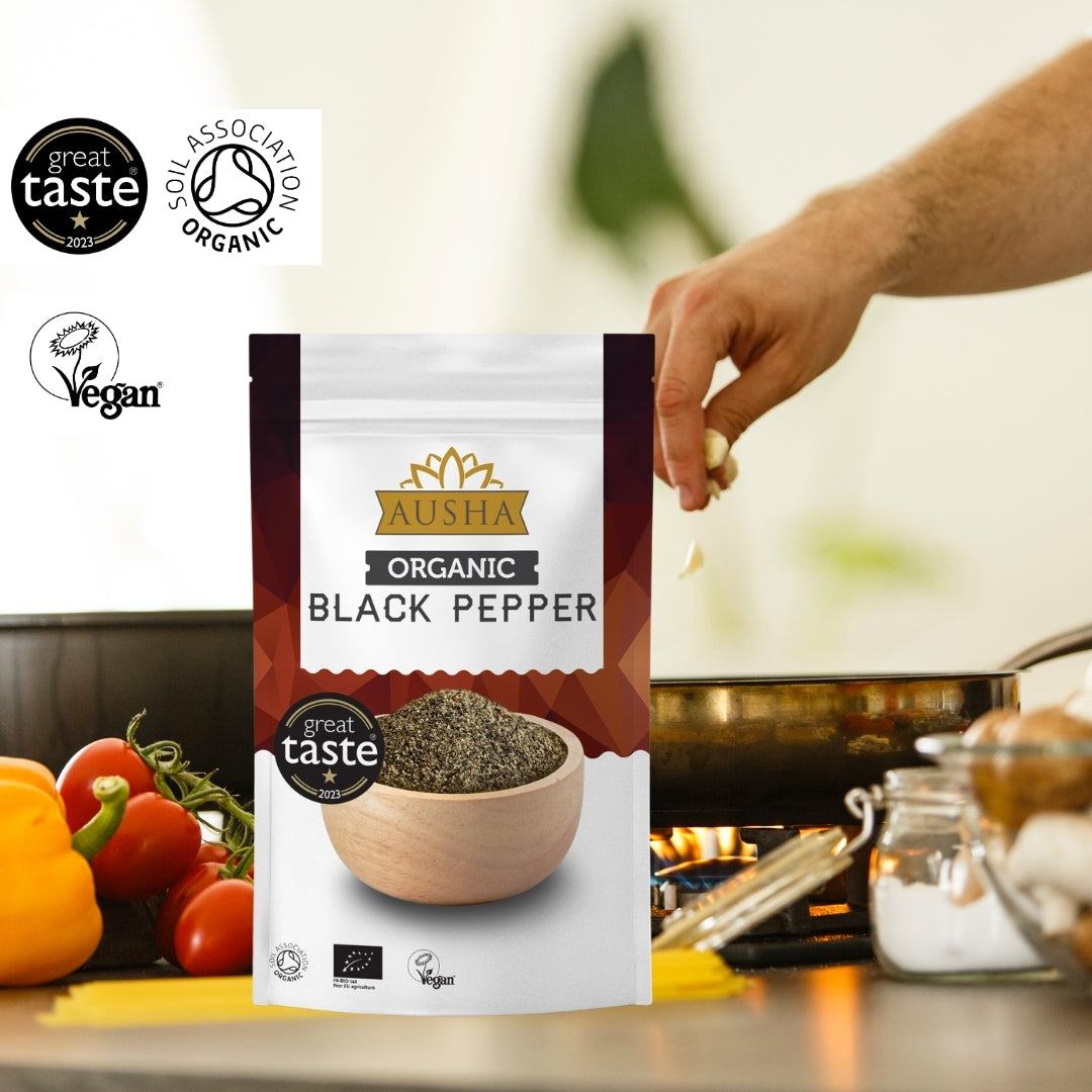 Organic Black Pepper 200g package with bold aroma and spicy heat, perfect for enhancing meats, dressings, and pasta.