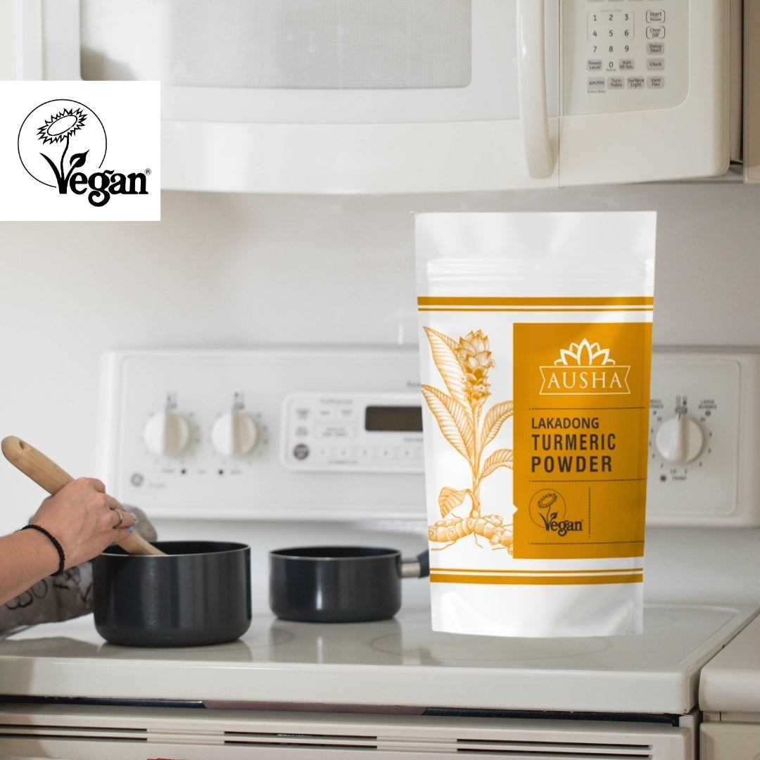 Lakadong Turmeric Powder in a kitchen setting, showcasing premium turmeric with high curcumin content and vegan certification.