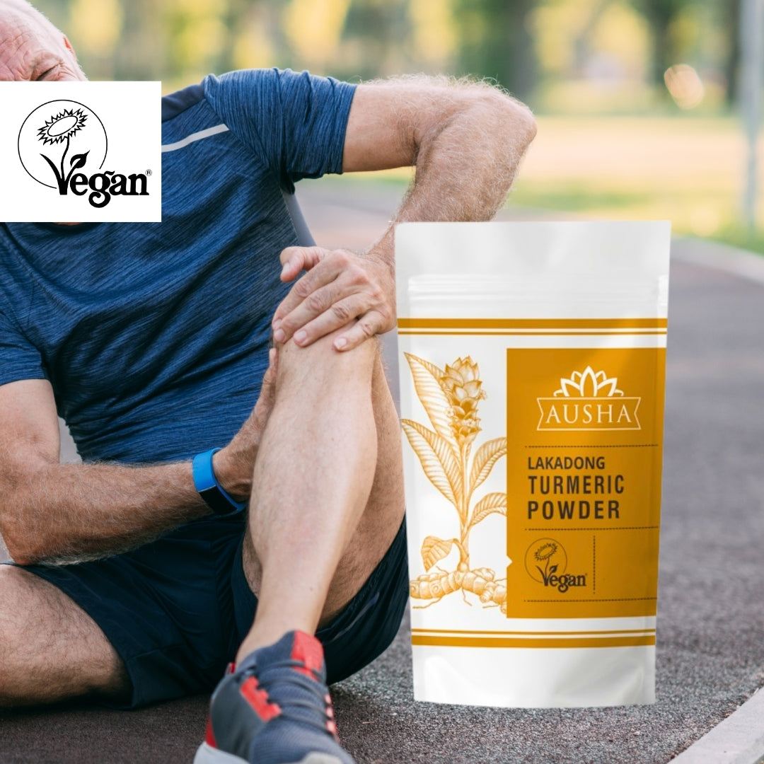 Lakadong Turmeric Powder pack next to a person on a running track, highlighting vegan label.