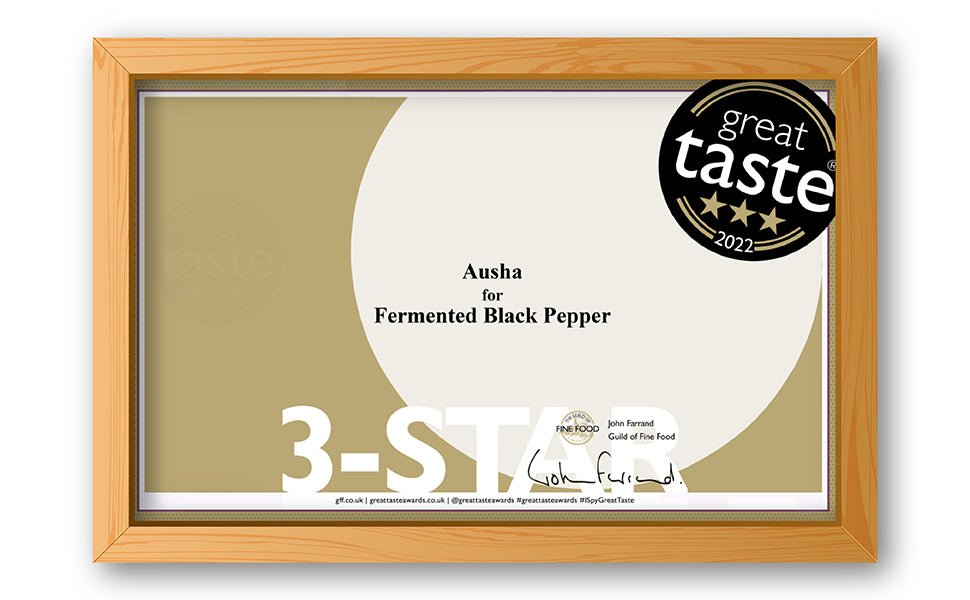 Great Taste Award certificate for Fermented Black Peppercorns 2022, 3-star rating.