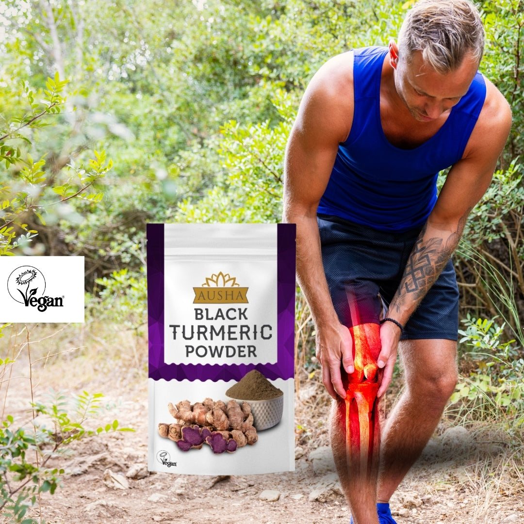 Black Turmeric Powder 100g with earthy aroma, vegan, ideal for smoothies and turmeric tea.