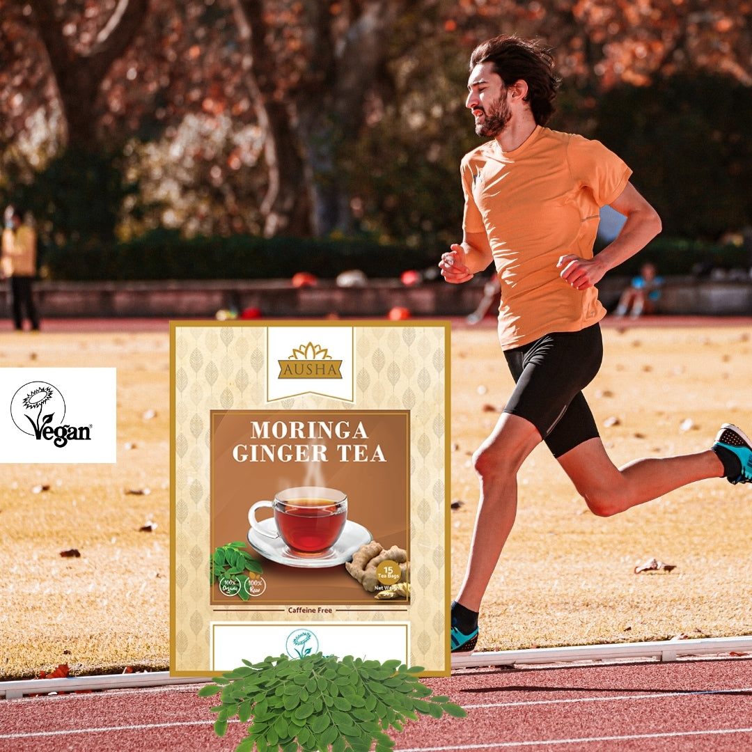 Moringa Ginger Tea box with a runner in the background, highlighting its herbal ingredients and caffeine-free, vegan nature.