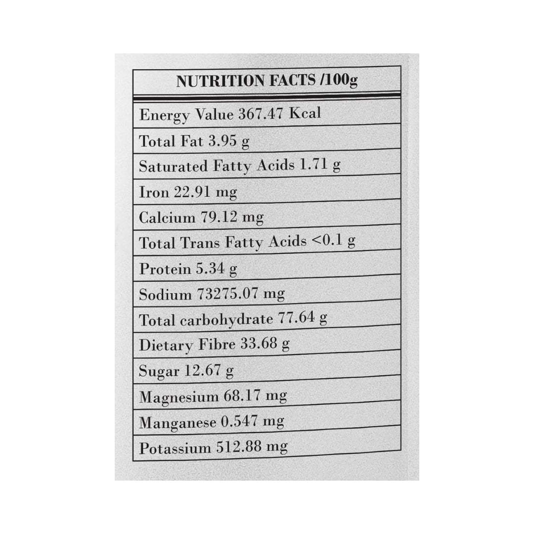 Nutrition facts label for Organic Ashwagandha Powder, showing energy, fats, protein, and minerals per 100g.