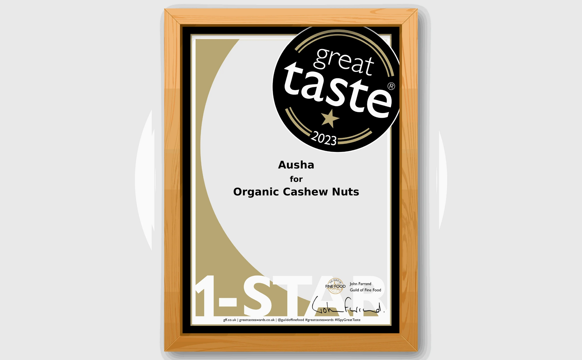 Award-winning Great Taste 2023 certificate for Ausha Organic Cashew Nuts