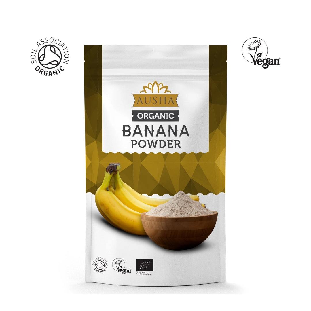 Organic Banana Powder 250g packaging, certified organic and vegan, featuring bananas and powder bowl.