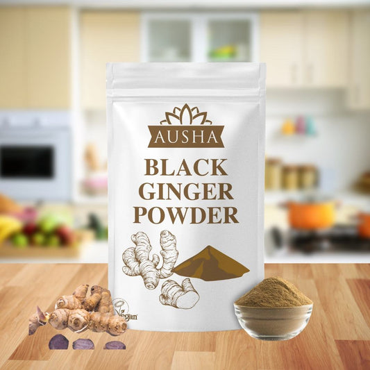Black Ginger Powder packaging with illustrations in kitchen setting.