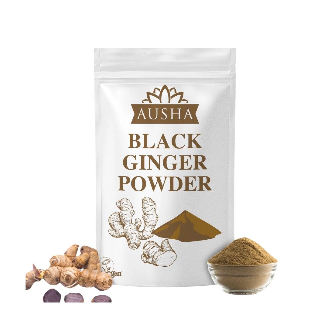 Black Ginger Powder packaging with rhizomes and powder displayed.