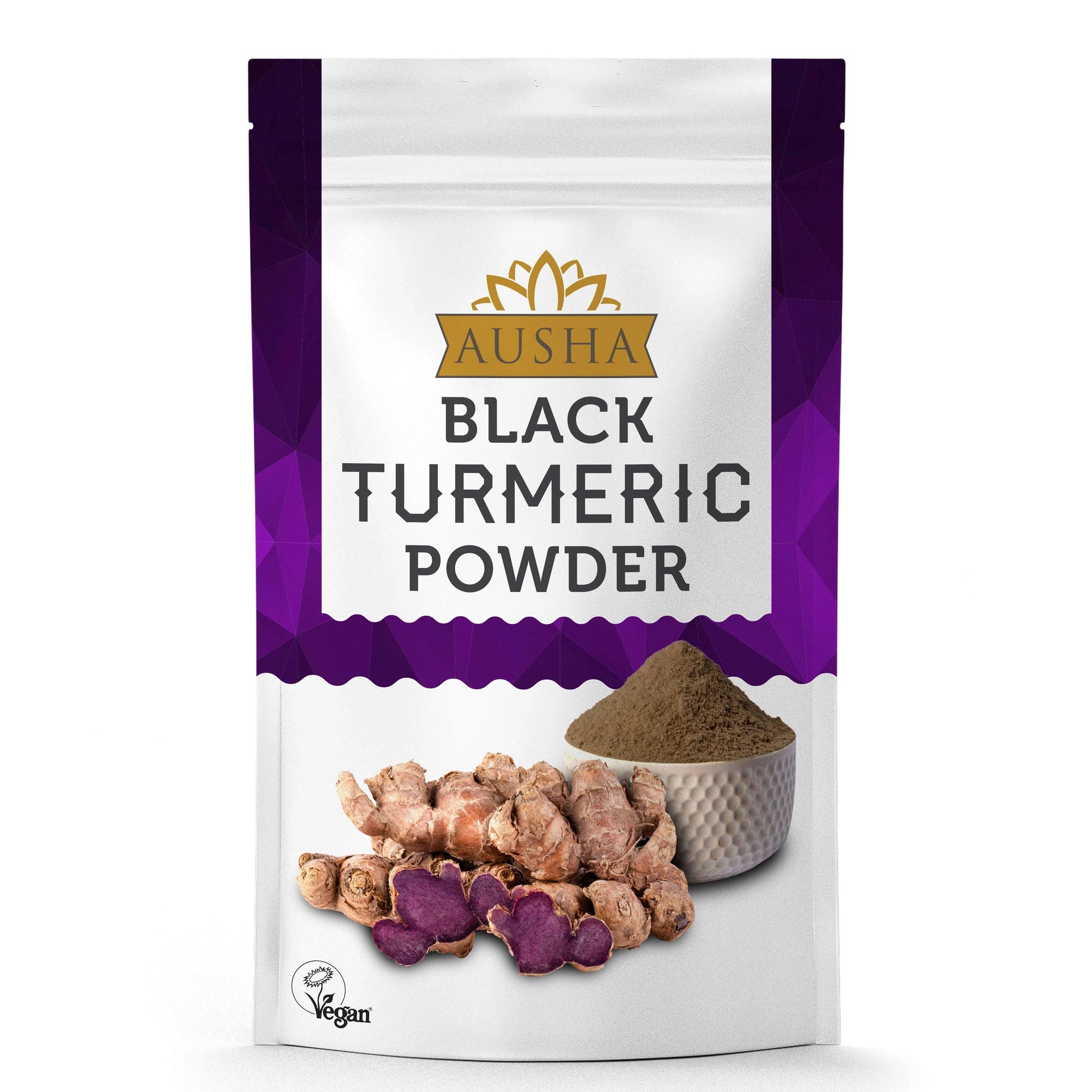 Black Turmeric Powder 100g with deep bluish-black hue and earthy aroma.