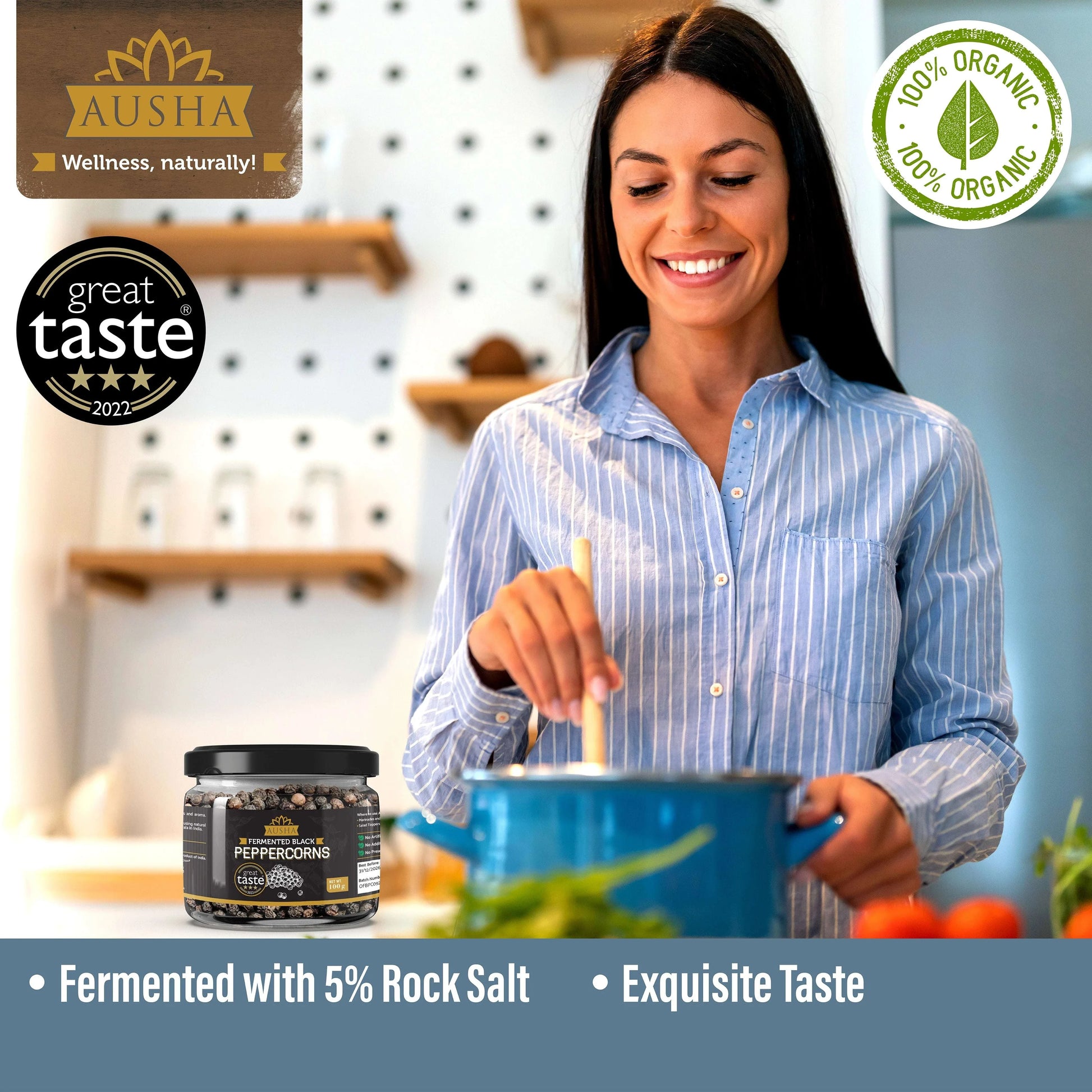 Fermented Black Peppercorns jar with Great Taste Award 2022, 100g, premium flavor.