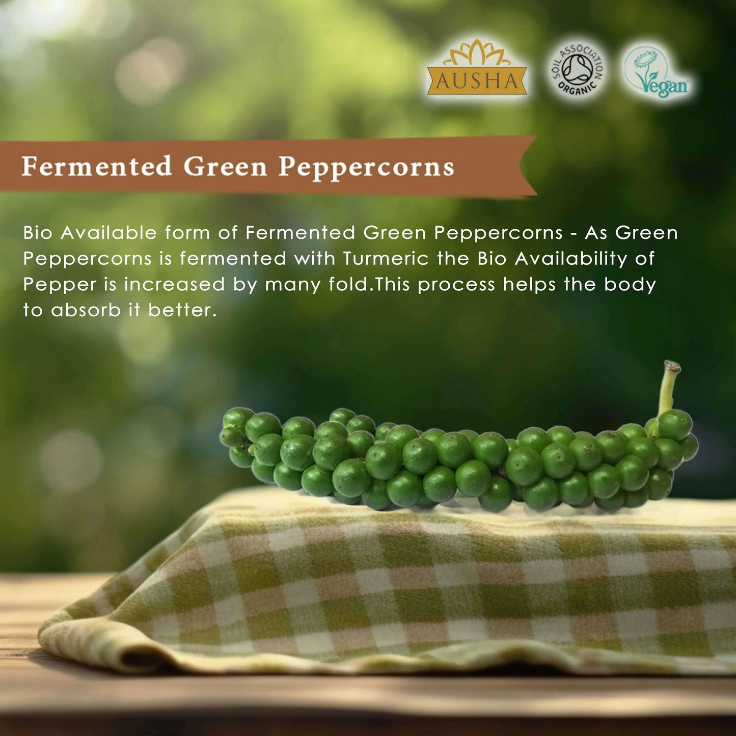 Organic green peppercorns on checkered cloth, highlighting fermentation benefits and enhanced bioavailability.