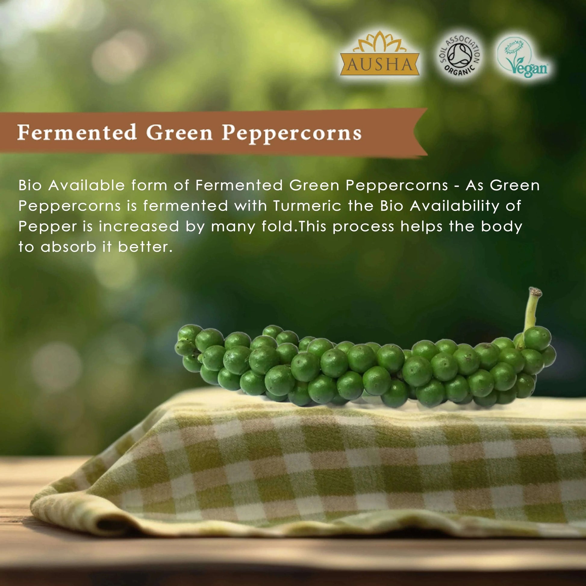 Organic green peppercorns on checkered cloth, highlighting fermentation benefits and enhanced bioavailability.