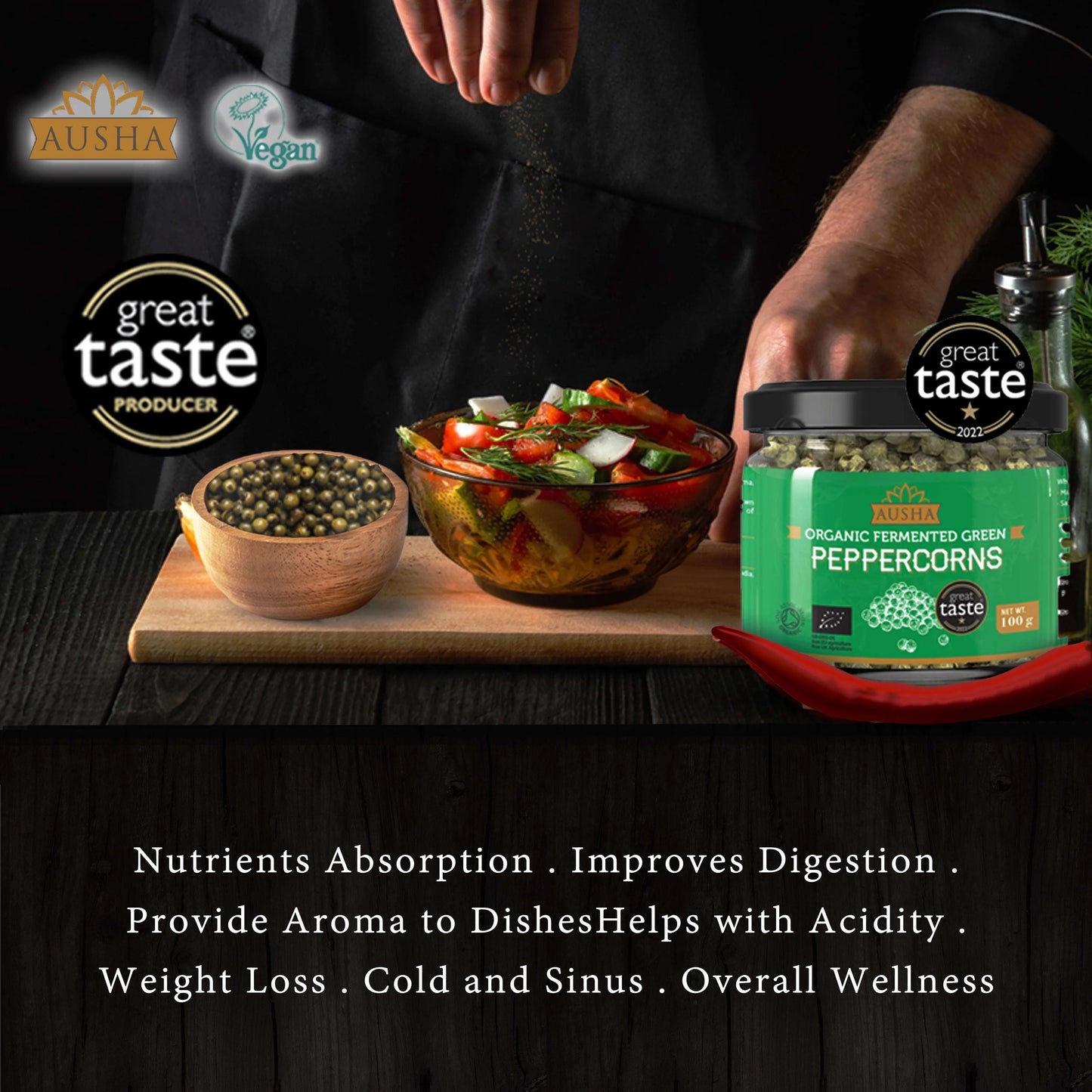 Organic Green Peppercorns in Brine 100g - Fermented peppercorns with turmeric and amla, awarded Great Taste 2022, ideal for sauces and salads.