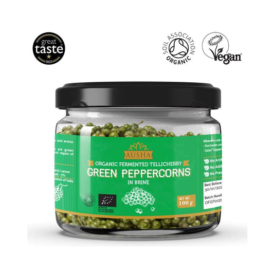 Organic green peppercorns in brine jar, award-winning, Soil Association certified, vegan-friendly.