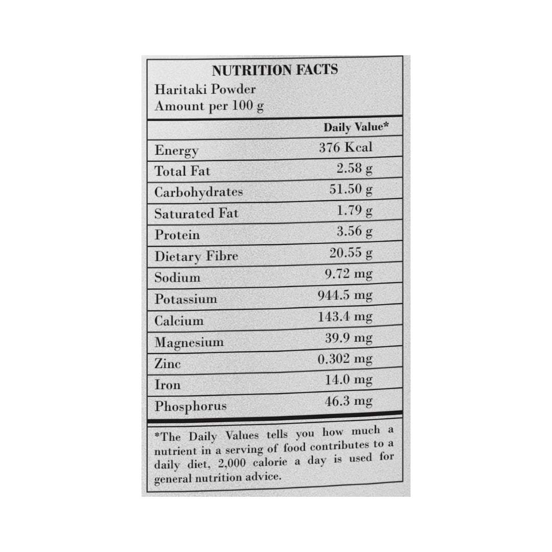 Nutrition facts label for Organic Haritaki Powder 100g with detailed information on energy, fats, carbohydrates, protein, fiber, and minerals.