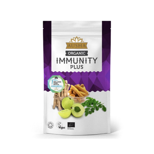 Organic Immunity Plus Superfood Powder packaging with botanical illustrations.