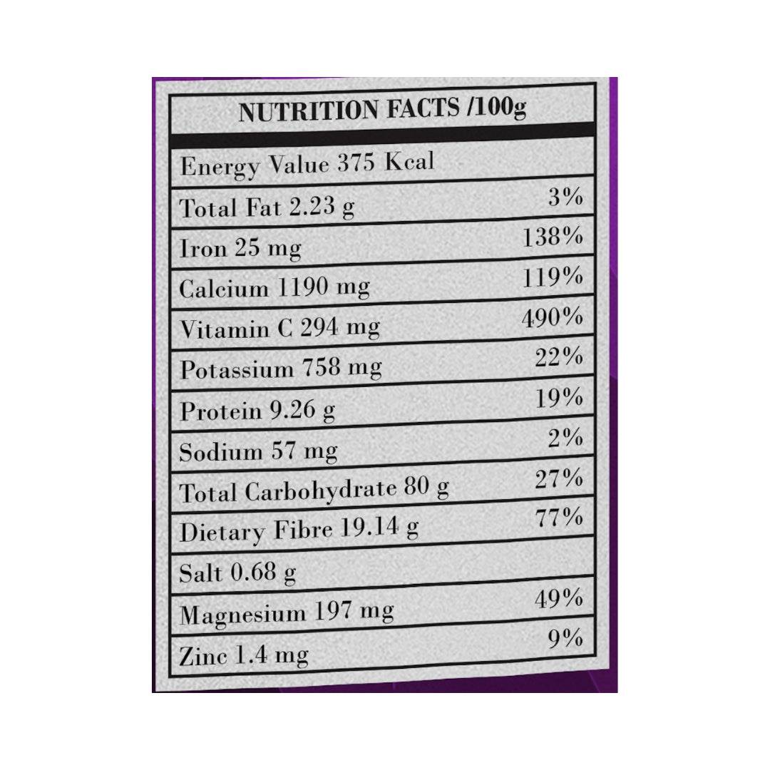 Nutrition facts label for Organic Immunity Plus Superfood Powder, highlighting energy, vitamins, and minerals per 100g serving.