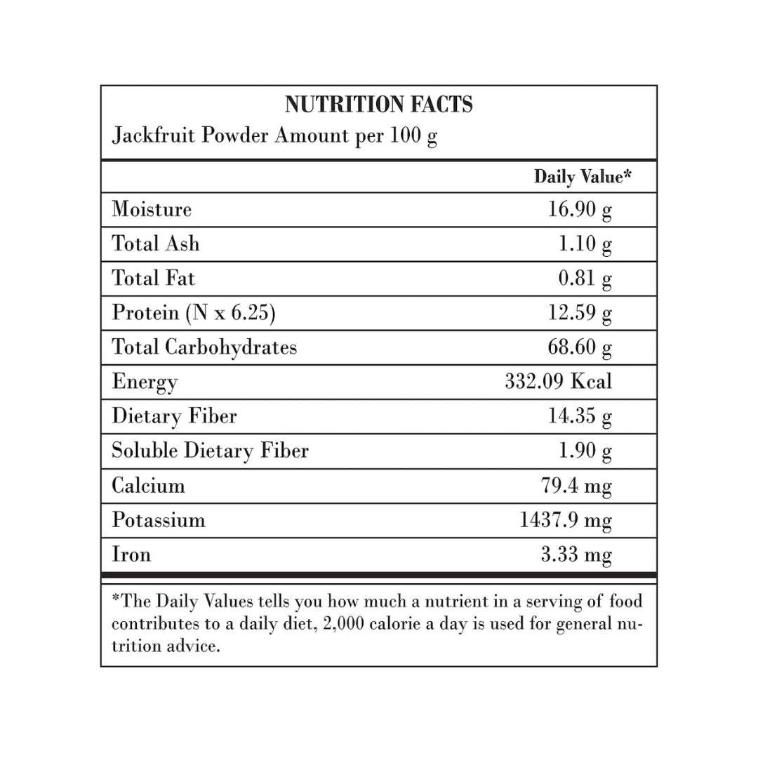 Organic Jackfruit Powder 250g nutrition facts, daily values per 100g, certified vegan.
