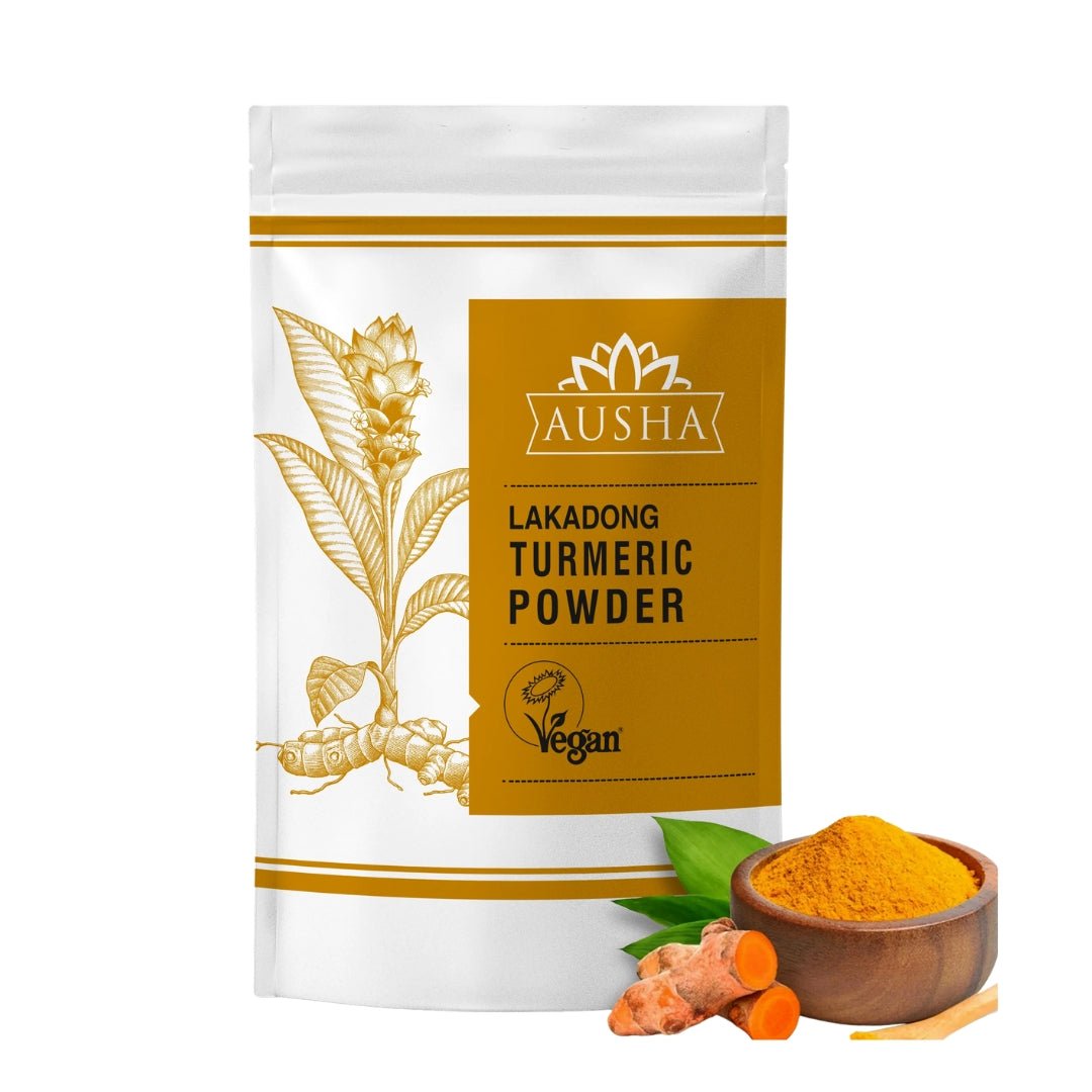 Lakadong Turmeric Powder with high curcumin content in a vibrant package, featuring a bowl of turmeric and rhizomes.