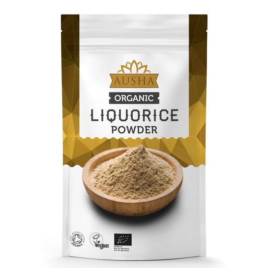 Organic Liquorice Powder 100g in eco-friendly packaging, ideal for natural sweetening, certified vegan and organic.