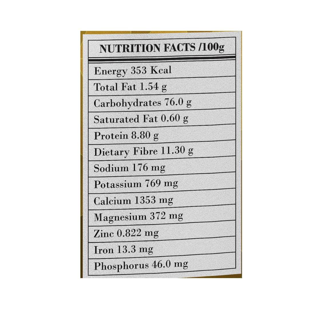 Nutrition facts label for Organic Liquorice Powder, showing calories, fats, carbohydrates, protein, and minerals per 100g.