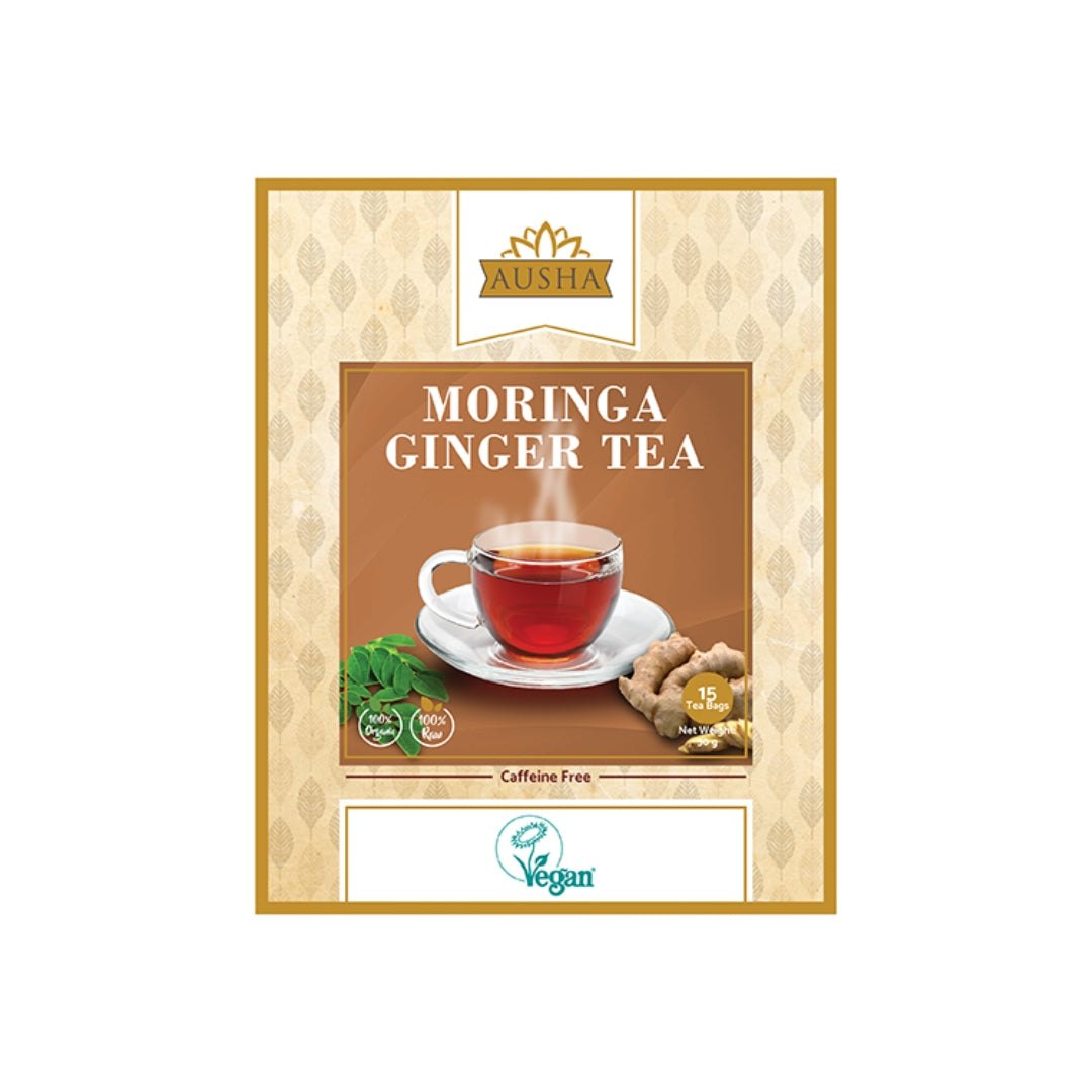 Moringa Ginger Tea box with 20/40 tea bags, featuring a cup of tea, moringa leaves, and ginger root.