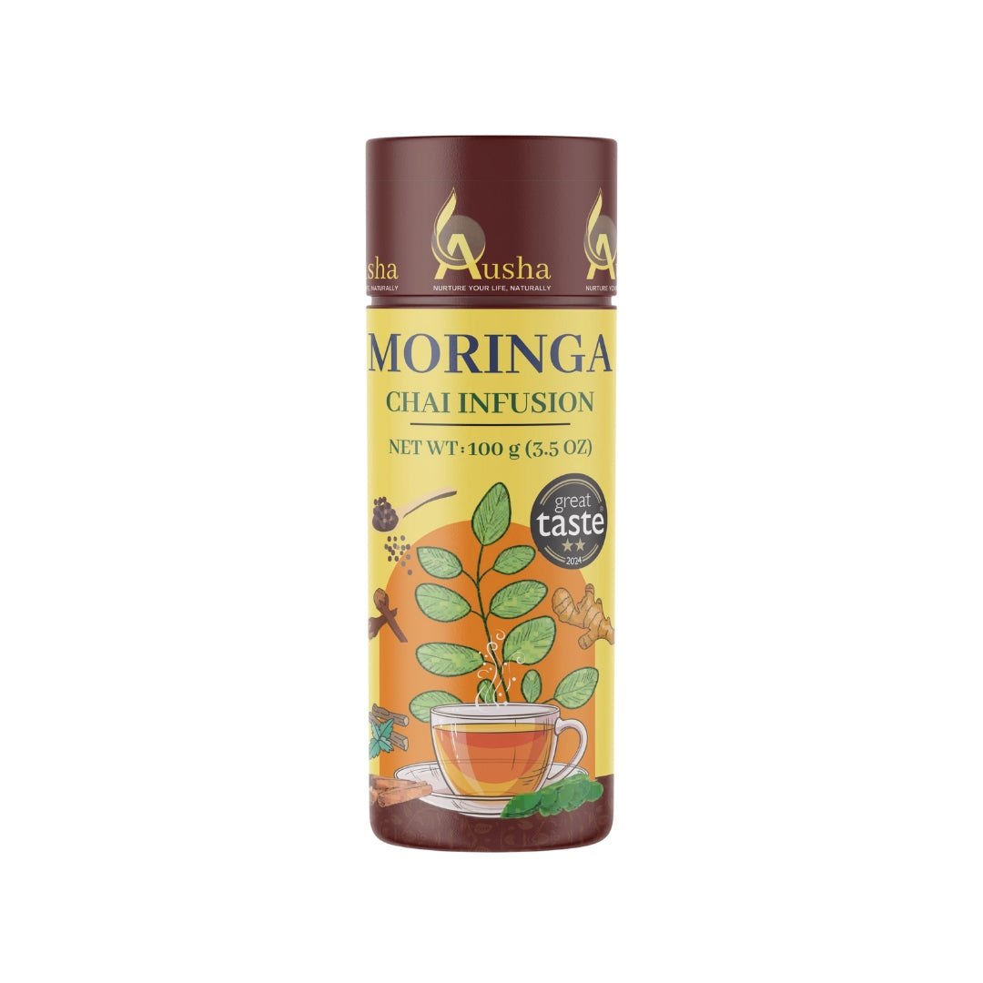 Moringa Tea Masala Chai infusion with chai spices in a 100g package.