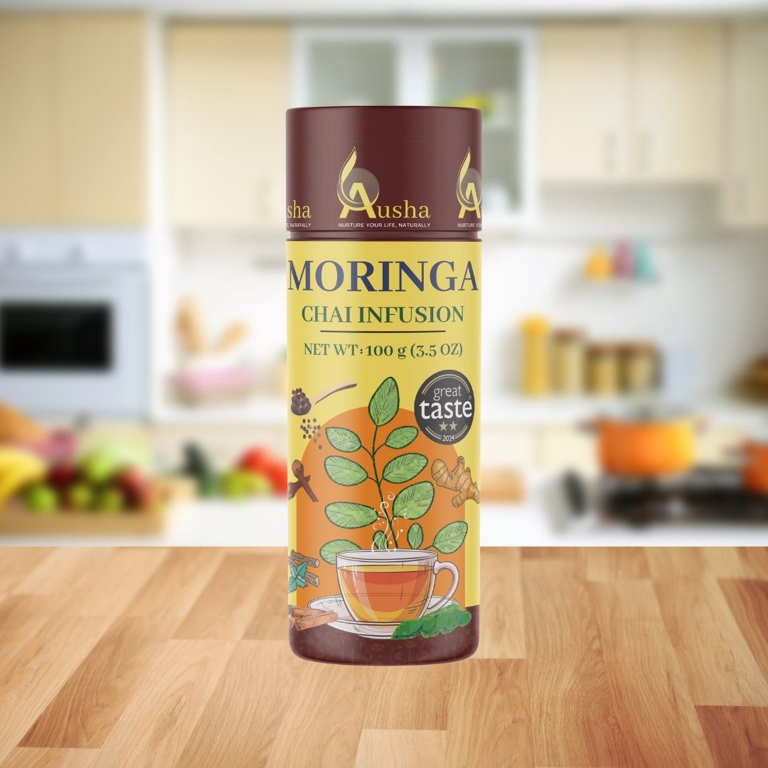 Moringa Tea Masala Chai in a kitchen setting, featuring herbal spiced blend packaging.