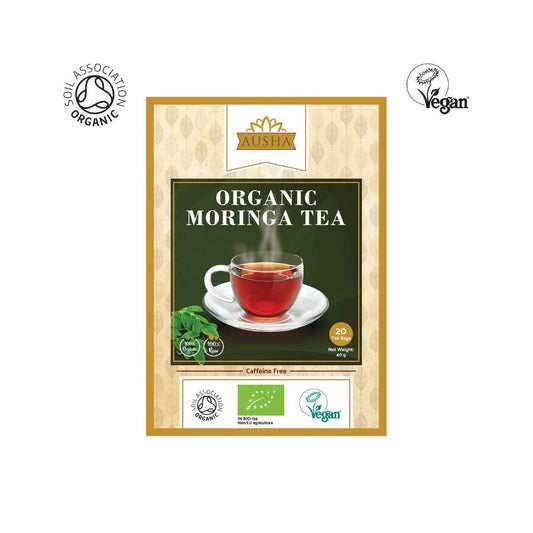 Organic Moringa Tea 20/40 Bags packaging featuring a cup of herbal moringa infusion, certified organic and vegan.