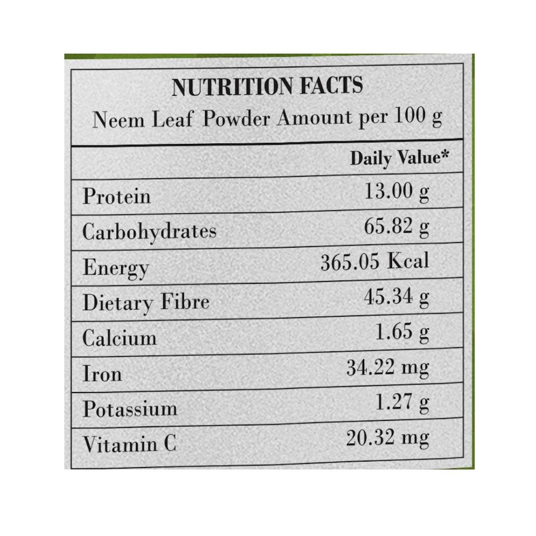 Nutrition facts of Organic Neem Powder per 100g showing protein, carbohydrates, energy, dietary fiber, calcium, iron, potassium, and vitamin C.