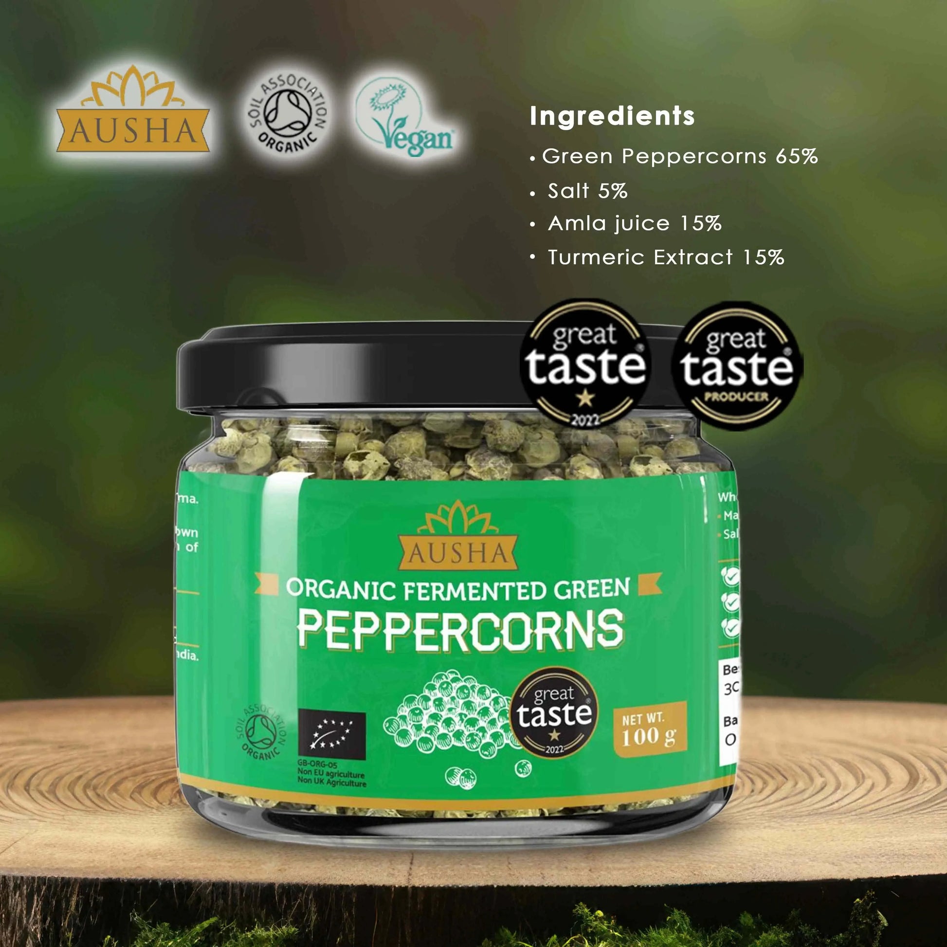 Organic Green Peppercorns in Brine 100g jar with Great Taste Award, artisanal fermented flavor.