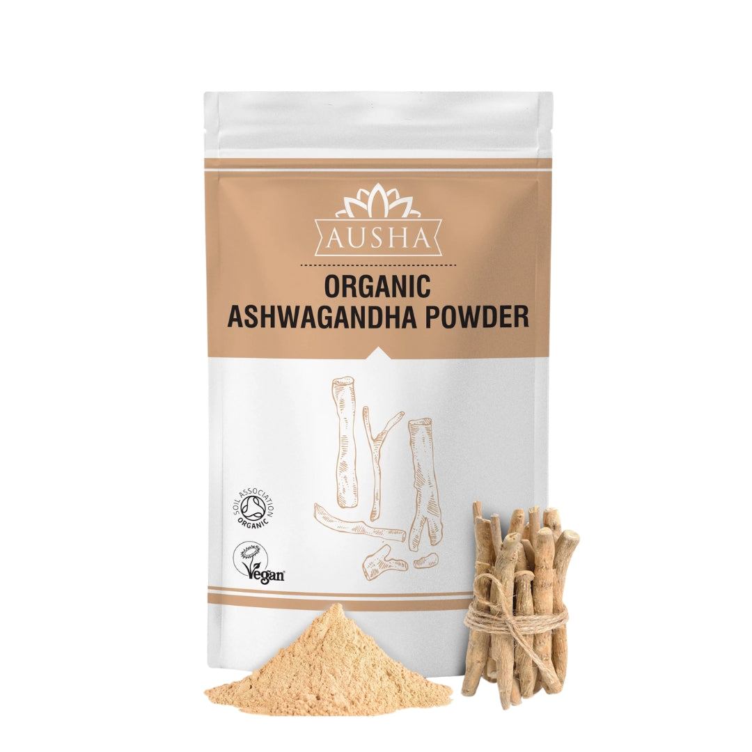Organic Ashwagandha Powder by Ausha, certified vegan and organic, on a white background with ashwagandha roots.