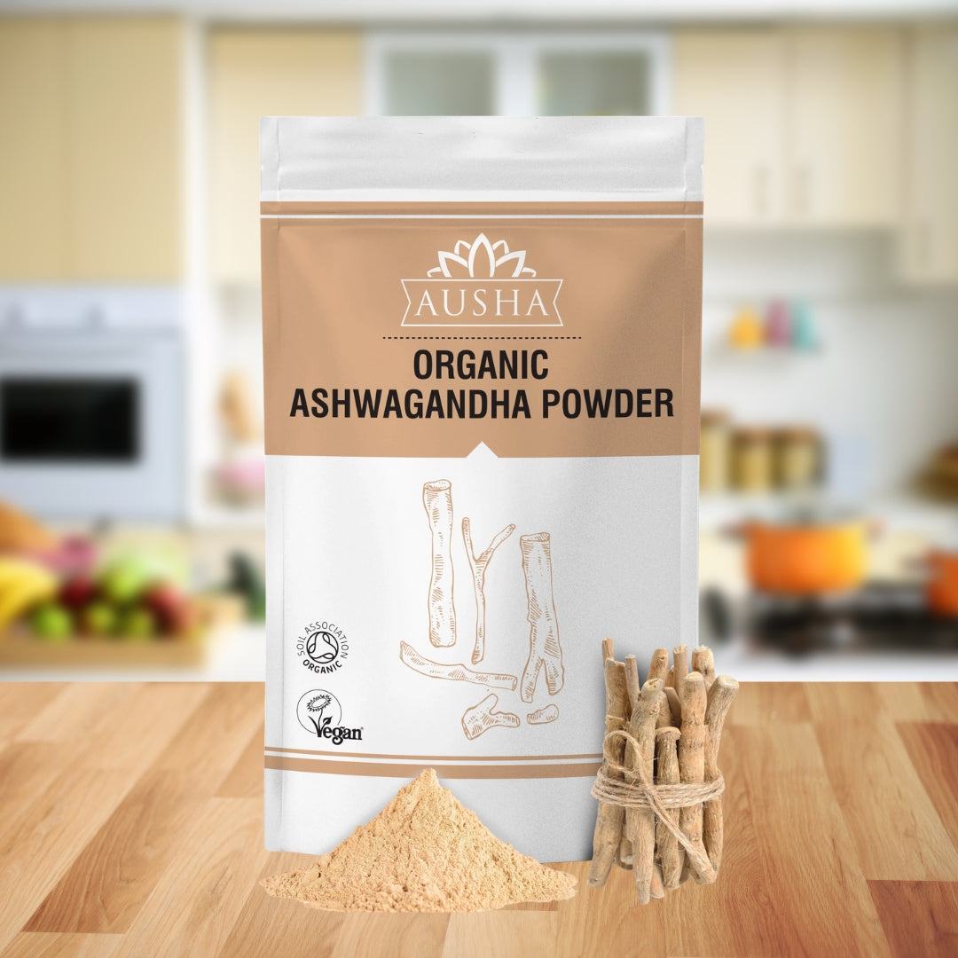 Organic Ashwagandha Powder by Ausha in a kitchen setting, certified by Soil Association and Vegan Society.