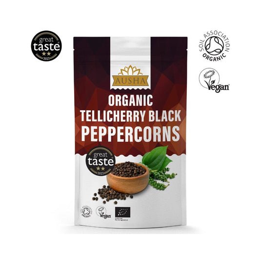 Organic Tellicherry Black Peppercorns in packaging with vegan labels and great taste award.