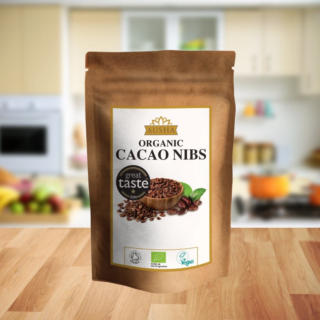 Organic Cacao Nibs in a recyclable pouch on kitchen counter.