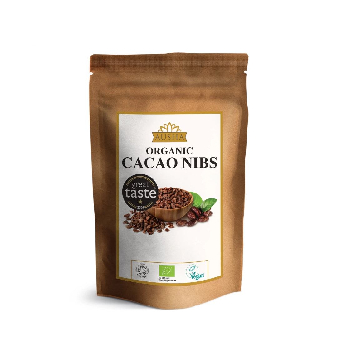 Organic Cacao Nibs in brown packaging with cacao imagery and product labels.