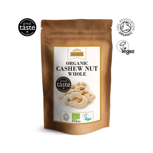 Organic Cashew Nuts pouch with whole creamy cashews, organic and vegan certified.