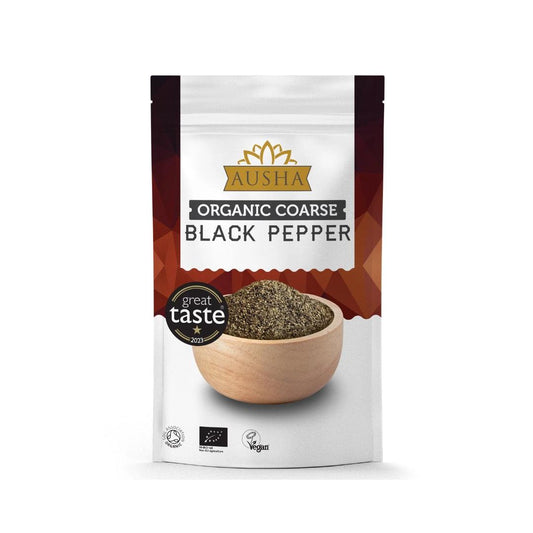 Organic black pepper 200g in pouch, coarse grind with bold aroma and flavor, ideal for cooking and seasoning.