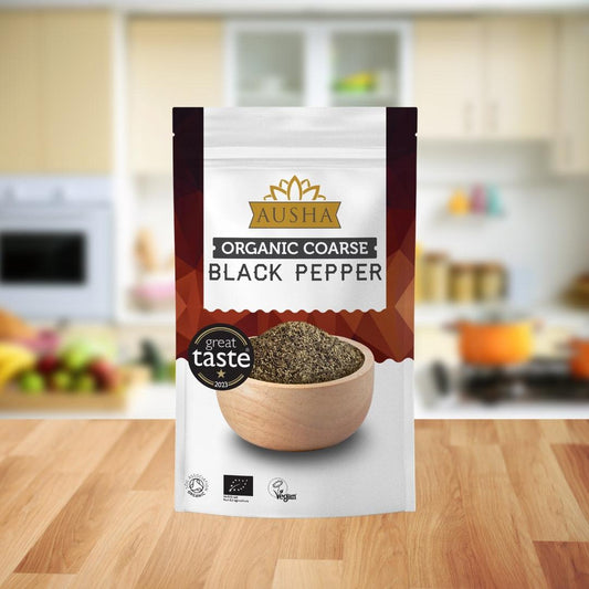 Organic Black Pepper 200g package with bold aroma and textured heat.