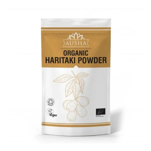 Organic Haritaki Powder 100g package with illustration of Terminalia chebula fruit, Ayurvedic herbal supplement.