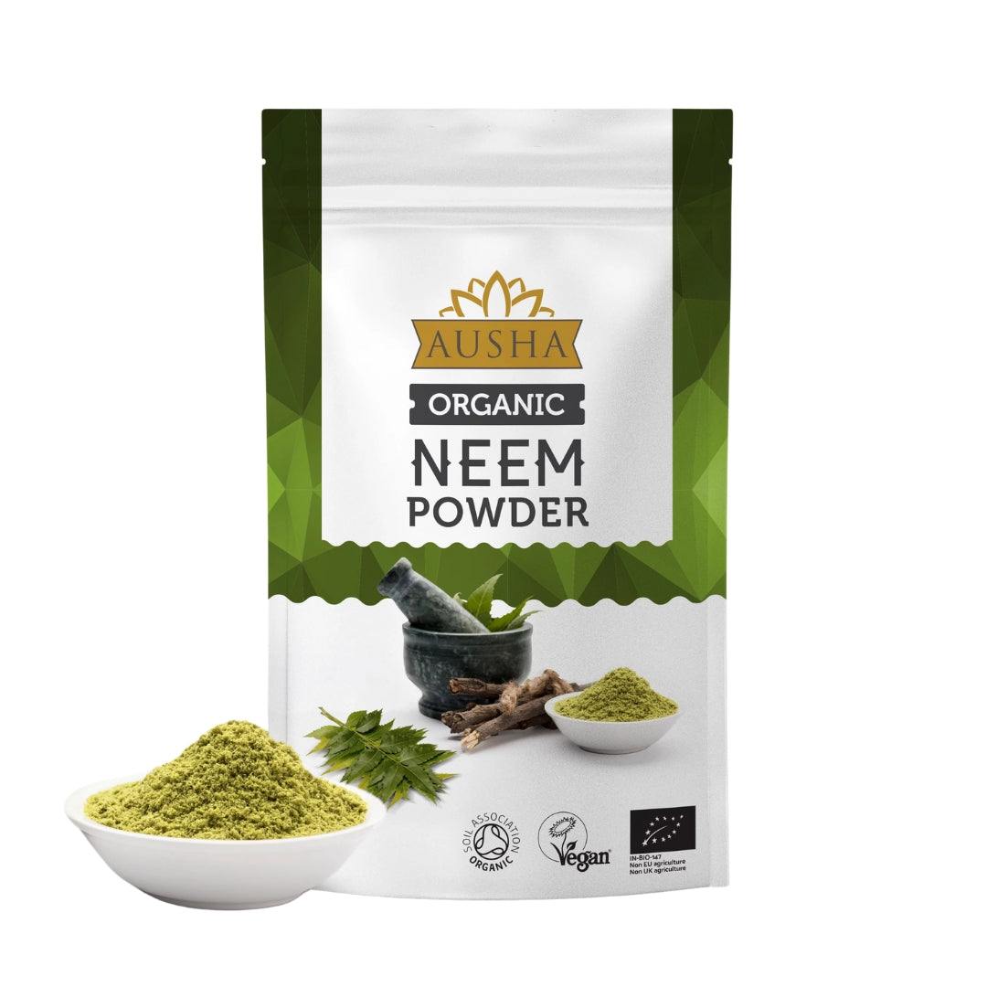 Organic Neem Powder in pouch with vibrant green color, non-irradiated and lab-tested for purity.