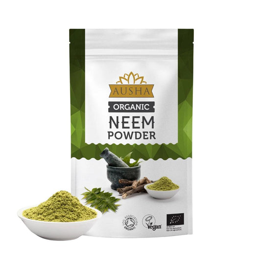 Organic Neem Powder in pouch with vibrant green color, non-irradiated and lab-tested for purity.
