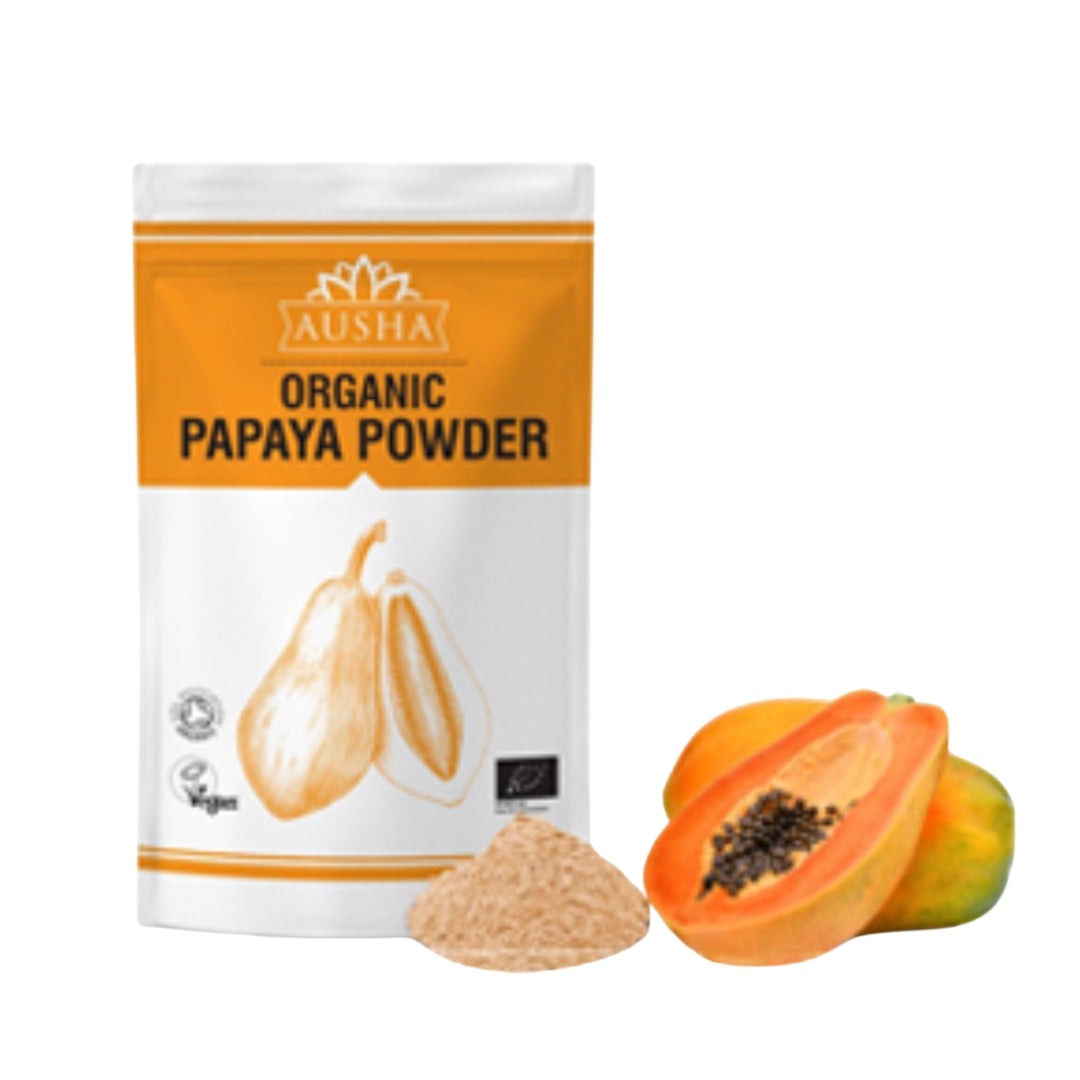 Organic Papaya Powder package with fresh papaya and powder displayed.