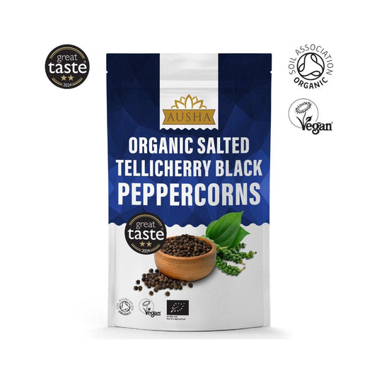 Organic Salted Telicherry Black Peppercorns 100g packaging with certifications and a bowl of peppercorns on the front.