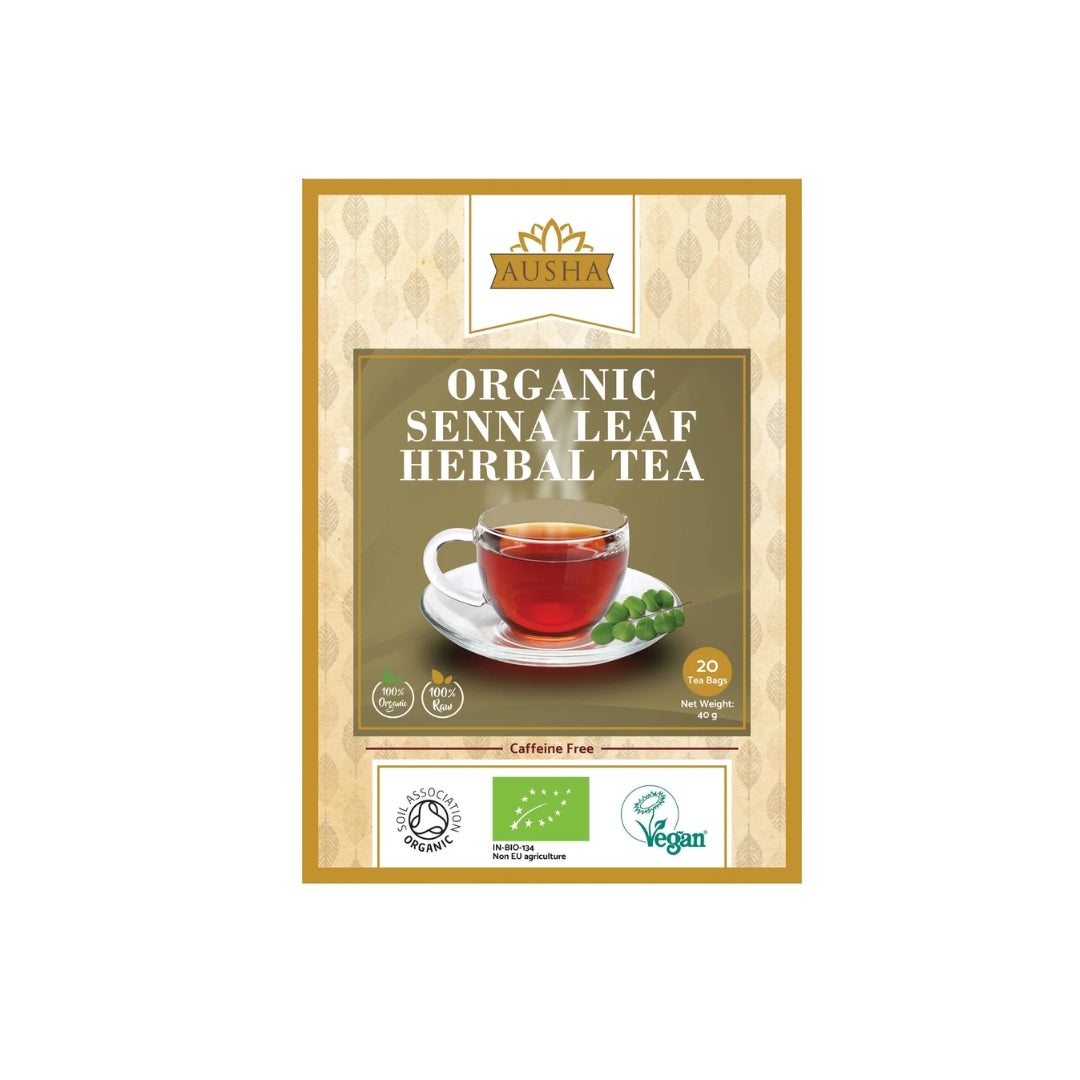 Organic Senna Leaf Tea Bags, Soil Association certified, eco-friendly herbal infusion from North Africa and Asia.