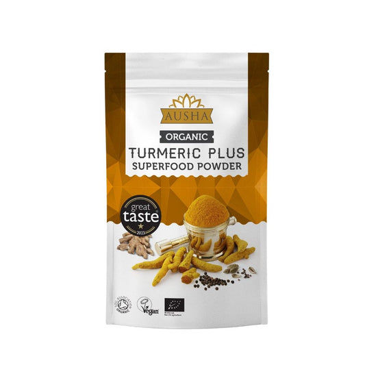 Organic Turmeric Superfood Powder 250g package with turmeric, ginger, cardamom, and black pepper, Great Taste Award 2023 winner, vegan and certified organic.