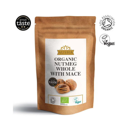Organic Nutmeg with Whole Mace 50g package featuring award badges and certification logos